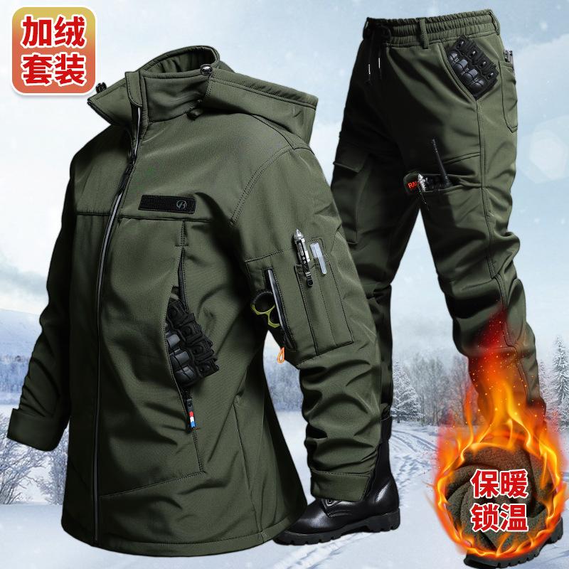 Outdoor Adventure Trips - ชุดเสื้อแจ็คเก็ตและกางเกงกำมะหยี่กันน้ำสำหรับฤดูใบไม้ร่วงและฤดูหนาว สำหรับผู้ชาย ขี่จักรยาน เดินป่า ตั้งแคมป์ เสื้อผ้าสำหรับการผจญภัย